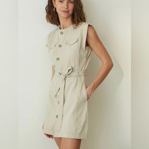 Grey State Sleeveless Button-Front Tie-Waist Mini Dress in Beige